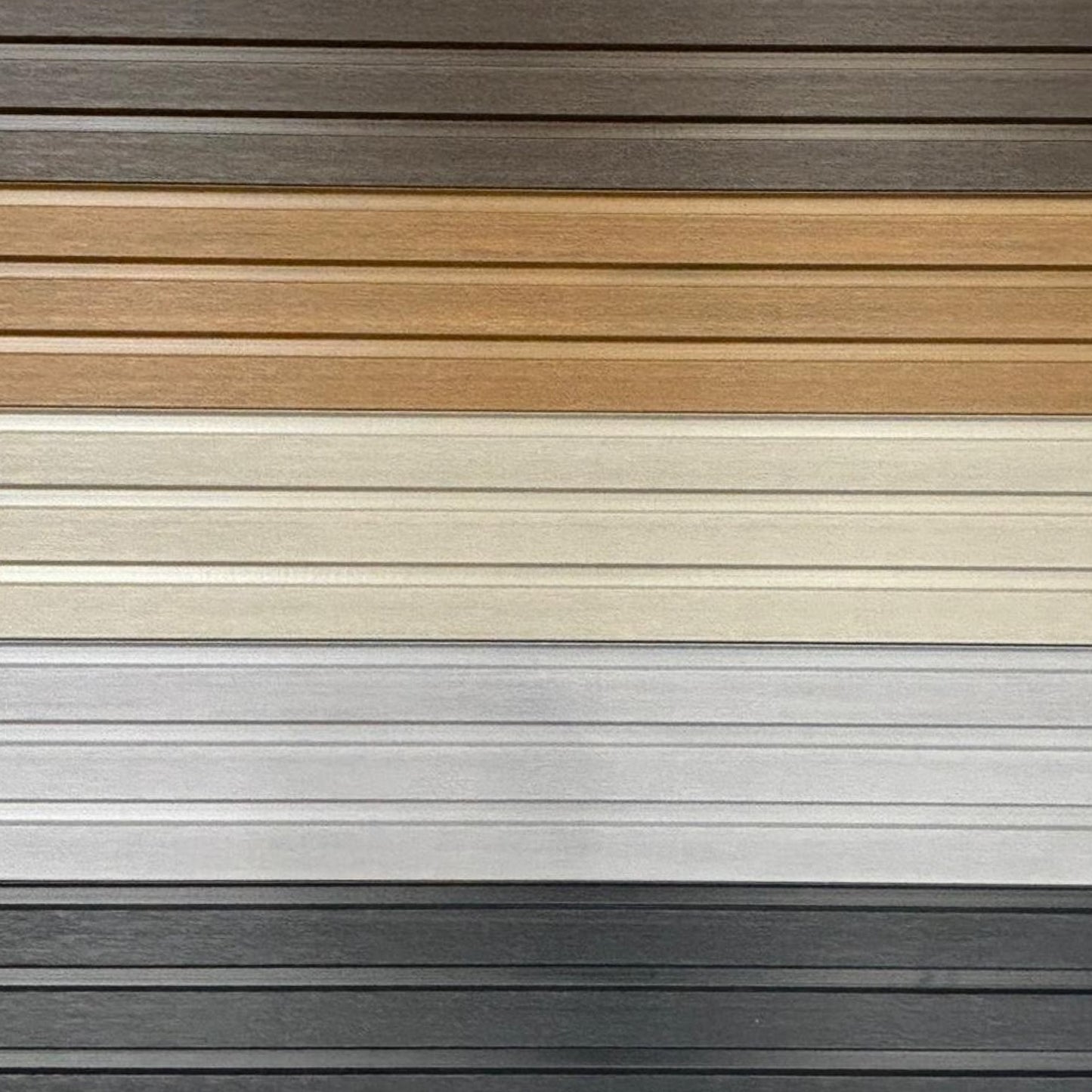 A selection of five different coloured Venetian style composite slat fencing.