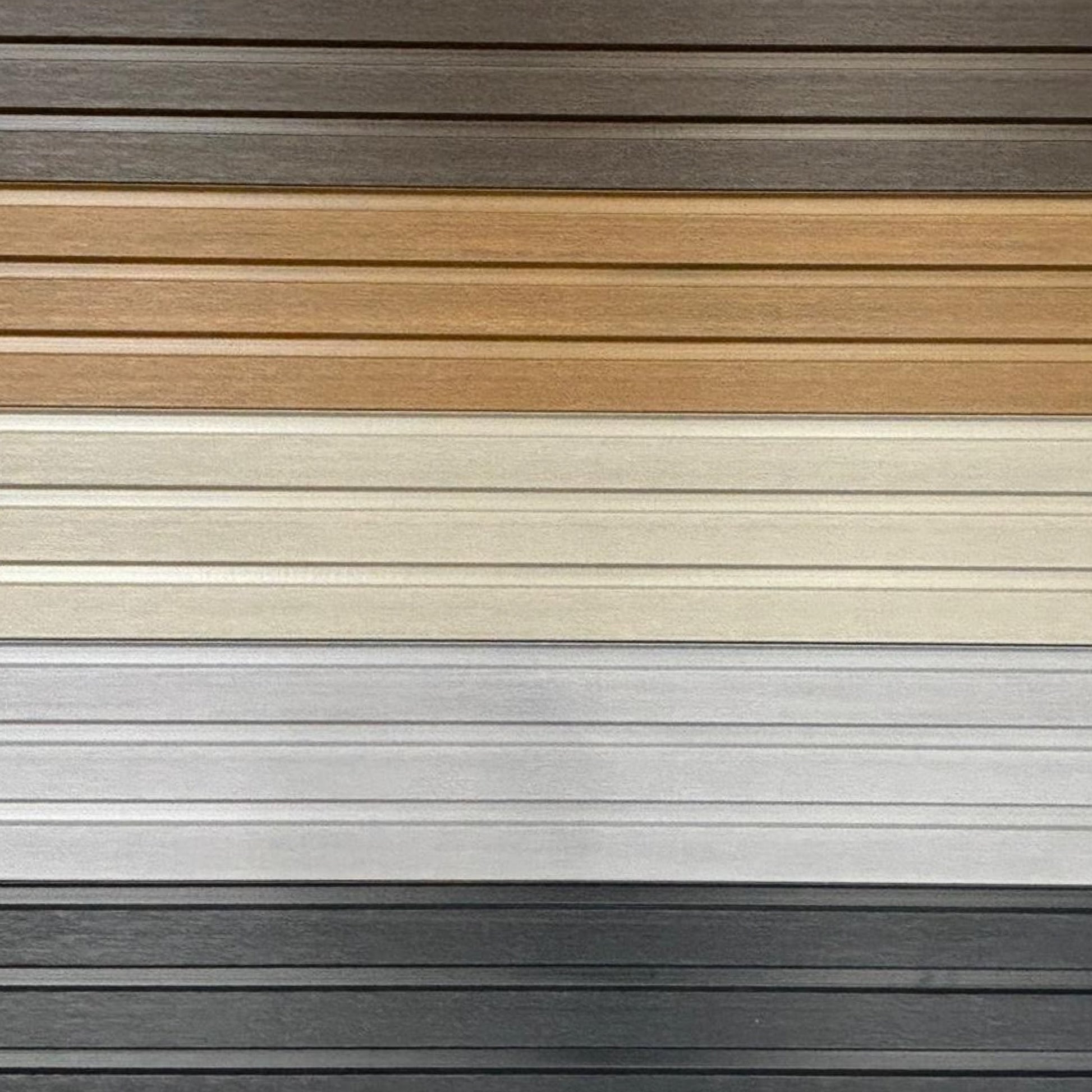 A selection of five different coloured Venetian style composite slat fencing.