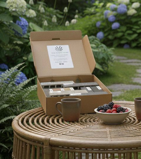 Open cardboard box with composite decking samples on a wicker table outdoors with flowers in the background