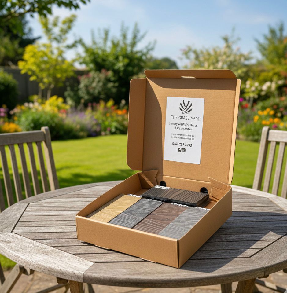 Box of composite fencing samples on a table outdoors with a garden background