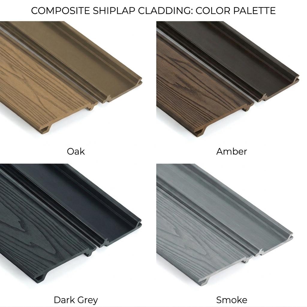 Composite shiplap cladding color palette with Oak, Amber, Dark Grey, and Smoke finishes.