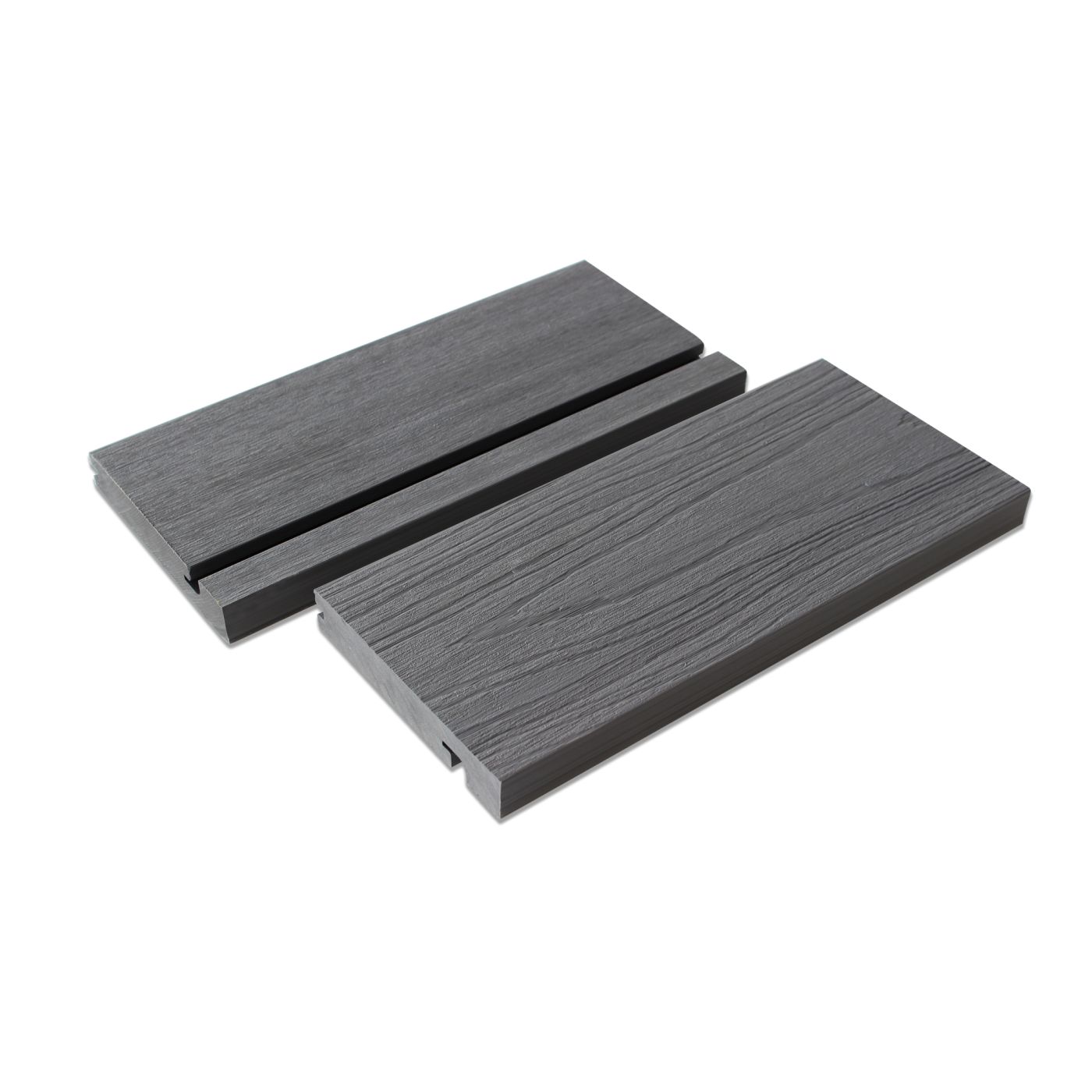 Two samples of composite decking bullnose in grey color with a wood grain pattern.