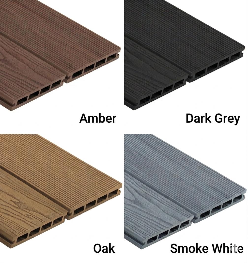 Four different colored composite deck boards labeled 'Amber', 'Dark Grey', 'Oak', and 'Smoke White'.