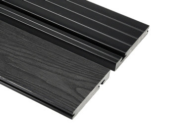 Dark grey solid composite decking bullnose on a white back ground.
