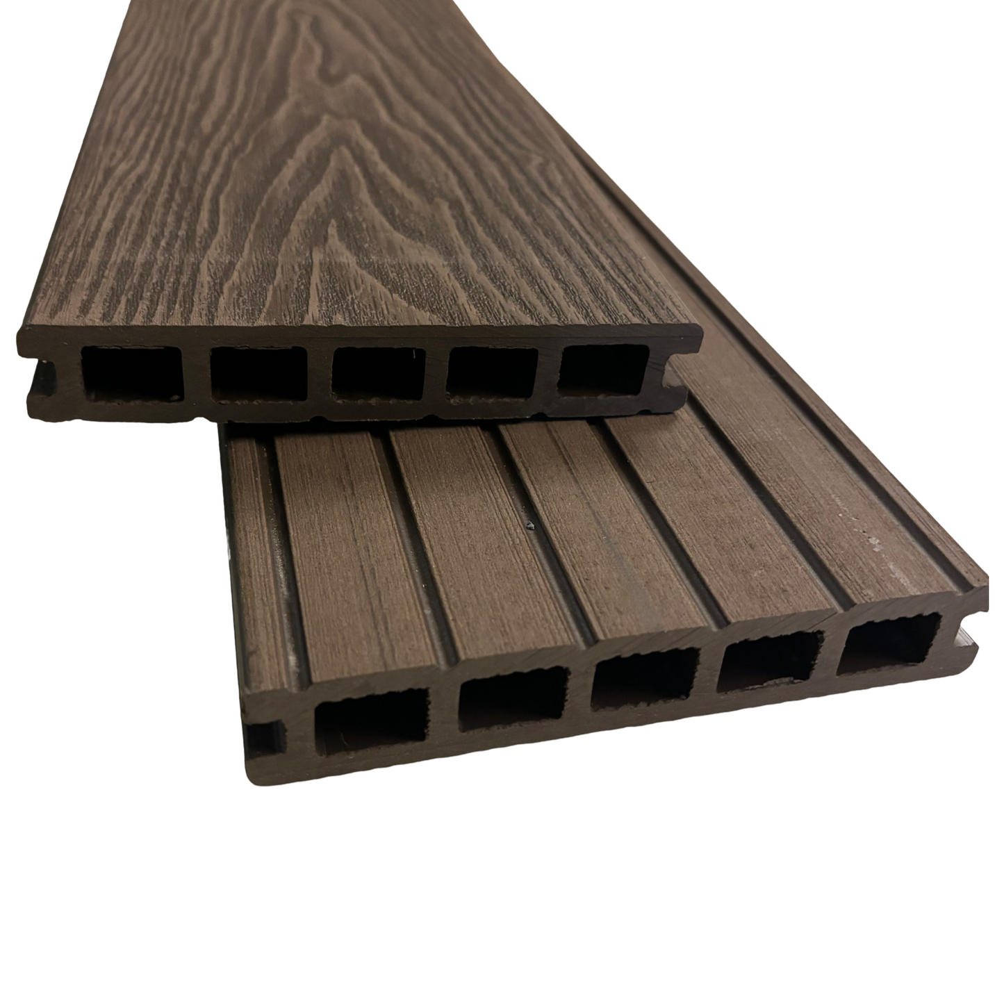 Two dark oak composite decking boards showing the wood grain, end profile and both sides of the boards.