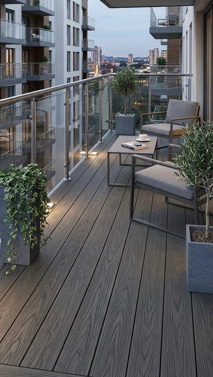 Modern balcony with dark grey composite deck, furniture, and cityscape view.