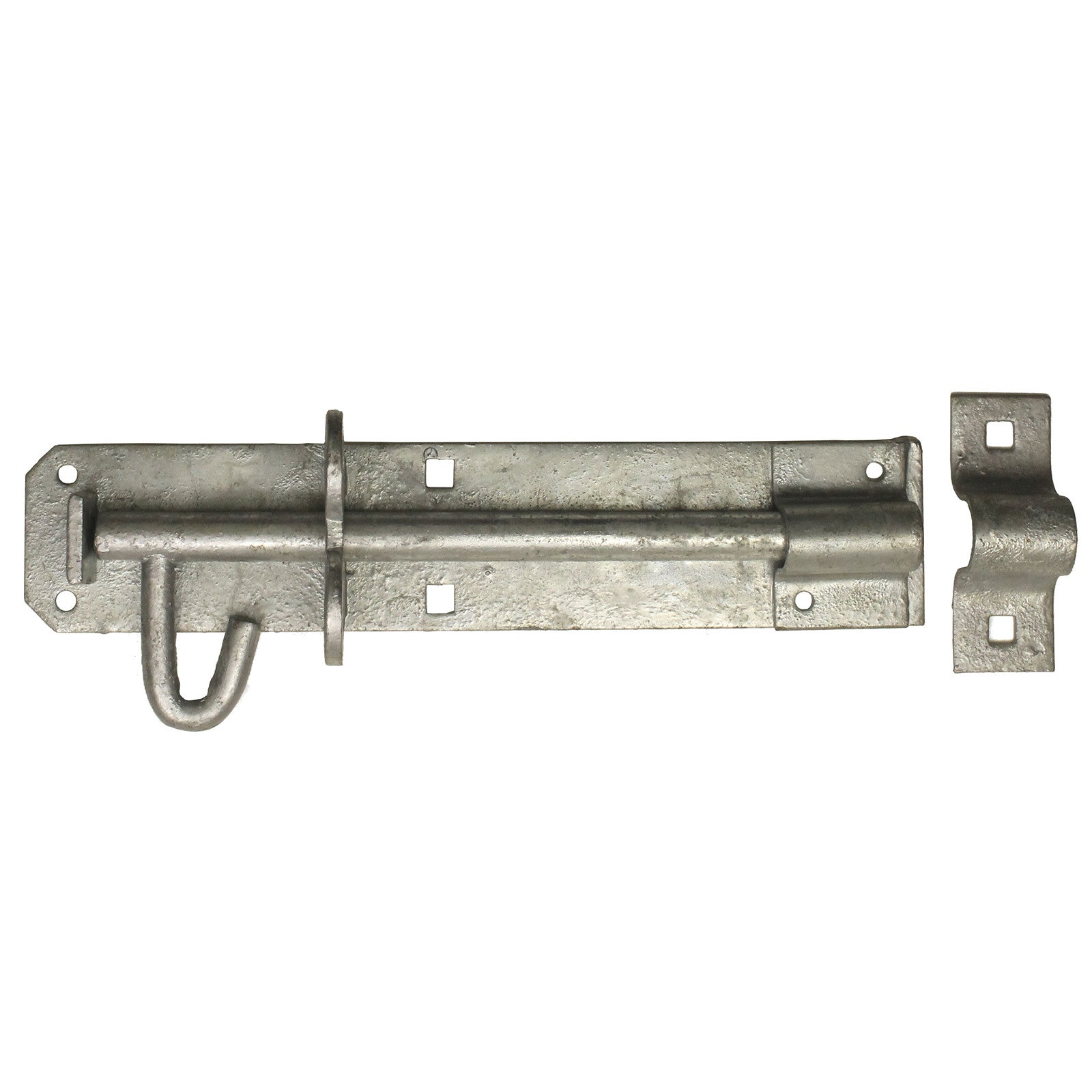 A silver in colour galvanised garden gate slip bolt with white background.