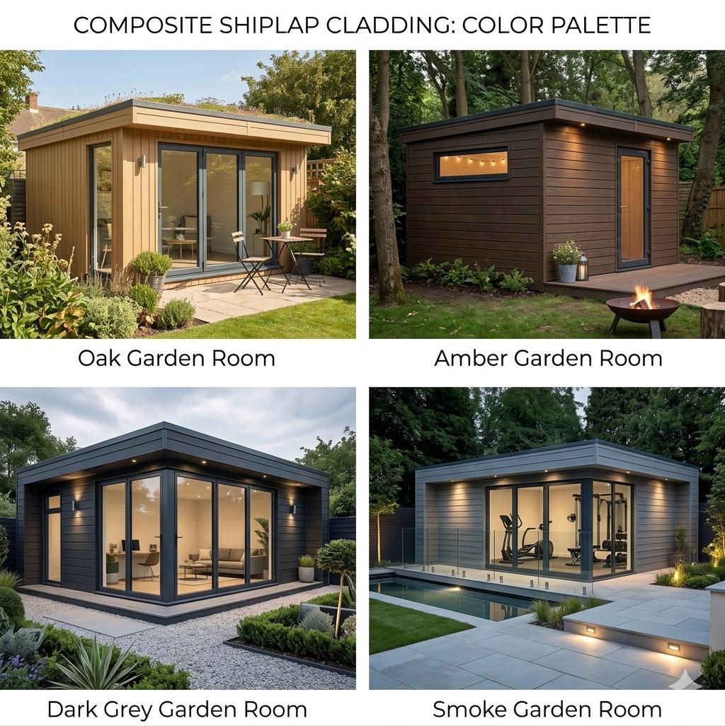 Four different garden rooms with composite shiplap cladding in various colors.