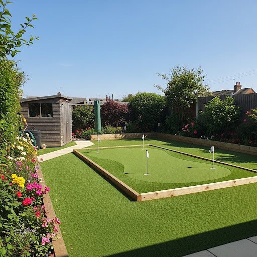 Miniature golf artificial grass putting greeen in a back garden with flowers and a shed in the background