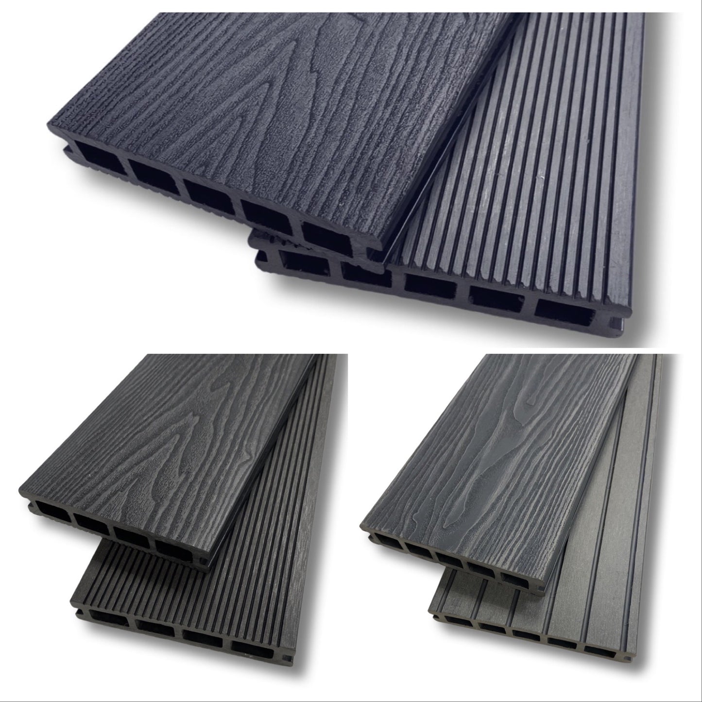 A selection of grey composite decking boards showing the end profile, top & bottom and wood grain.