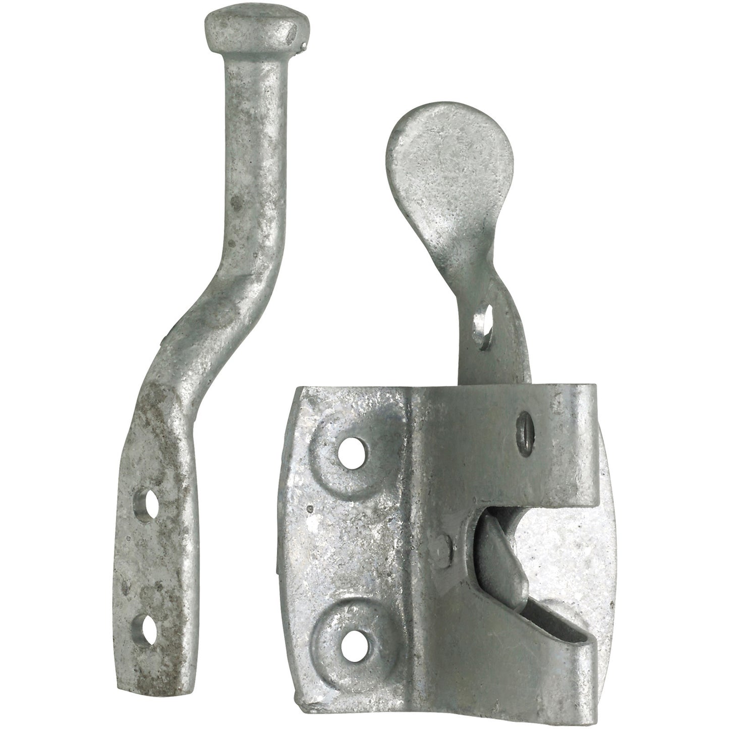 A silver heavy duty galvanised garden gate catch with white back ground.