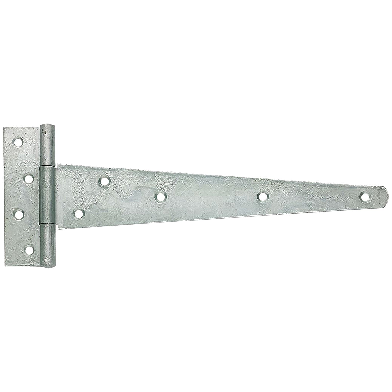 A silver galvanised heavy duty garden gate hinge with white back ground.