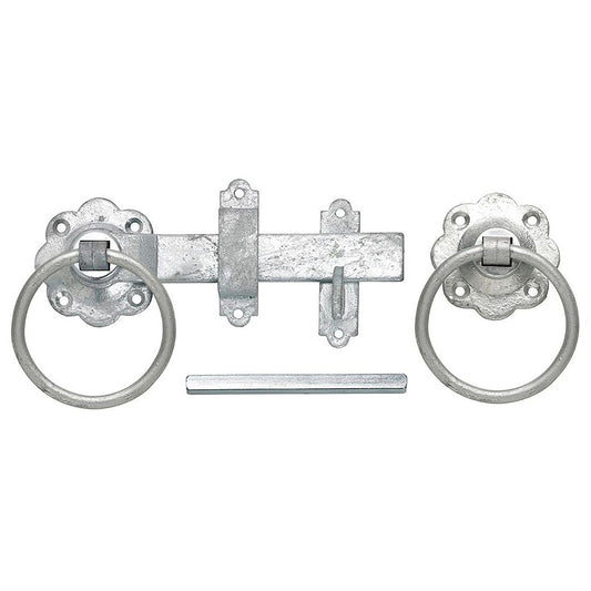 A silver galvanised heavy duty ring handled garden gate latch with white back ground.