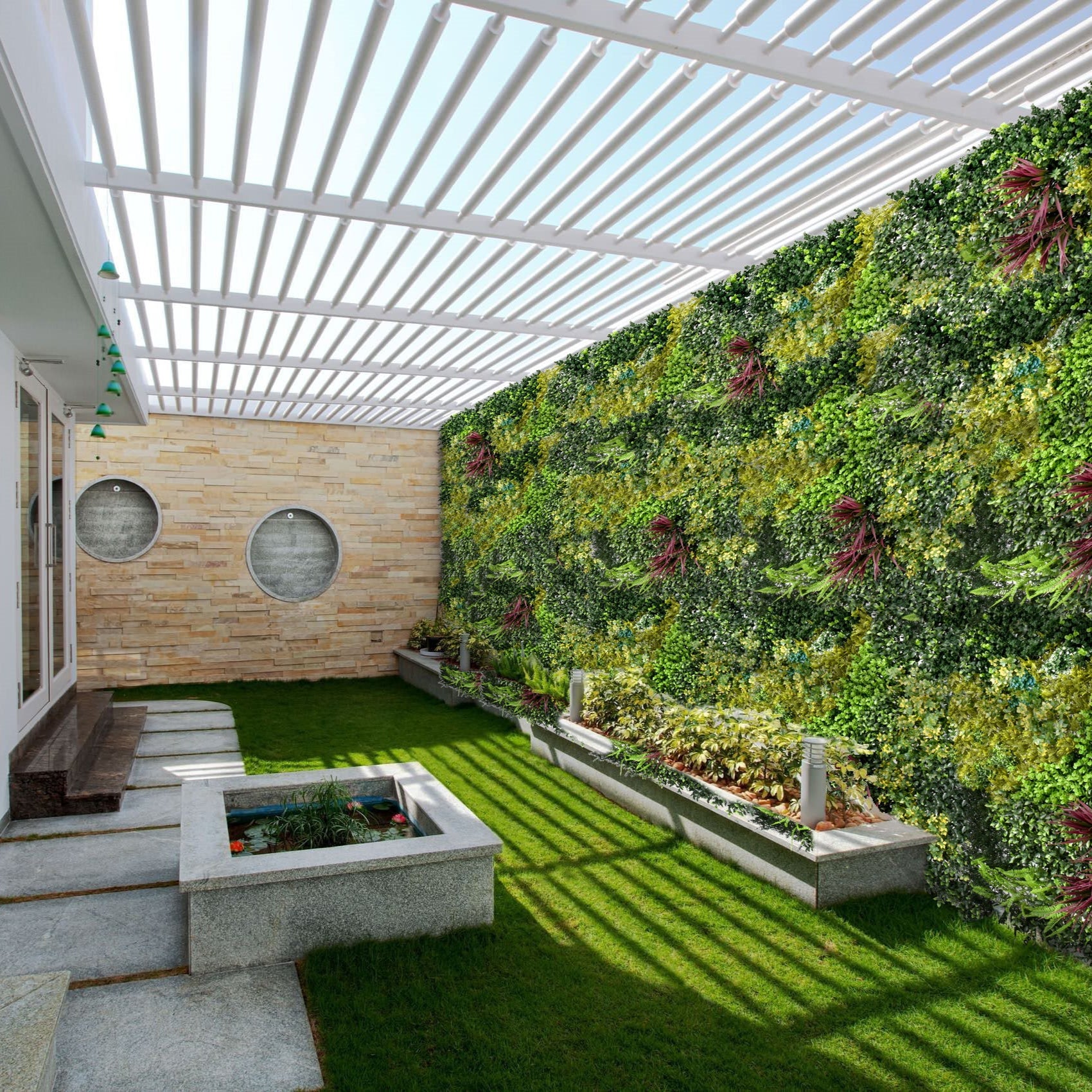 Artificial green wall panels Island style 1m x 1m installed outdoor