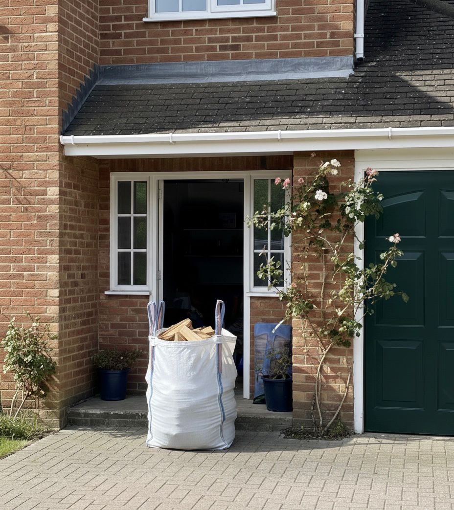 Brick house with a large white bag of firewood outside the front door.