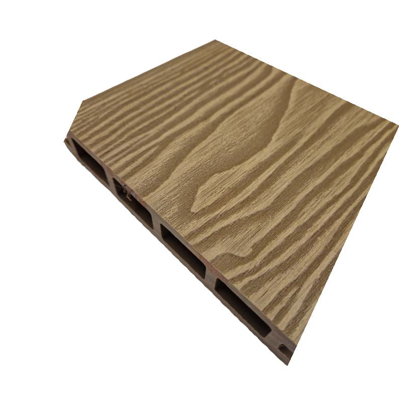 A section of oak composite decking on a white bacjground.
