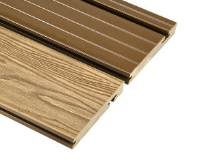 oak solid composite decking bullnose on a white back ground.