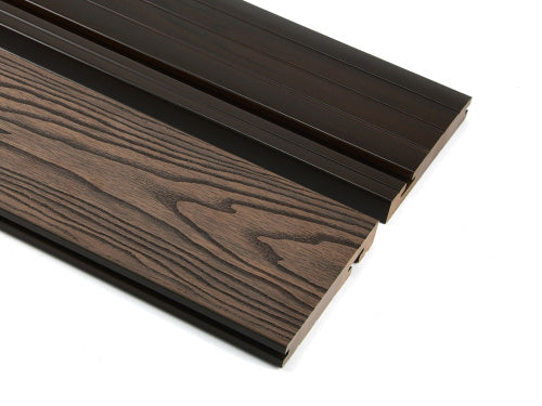 Dark brown, amber solid composite decking bullnose on a white back ground.