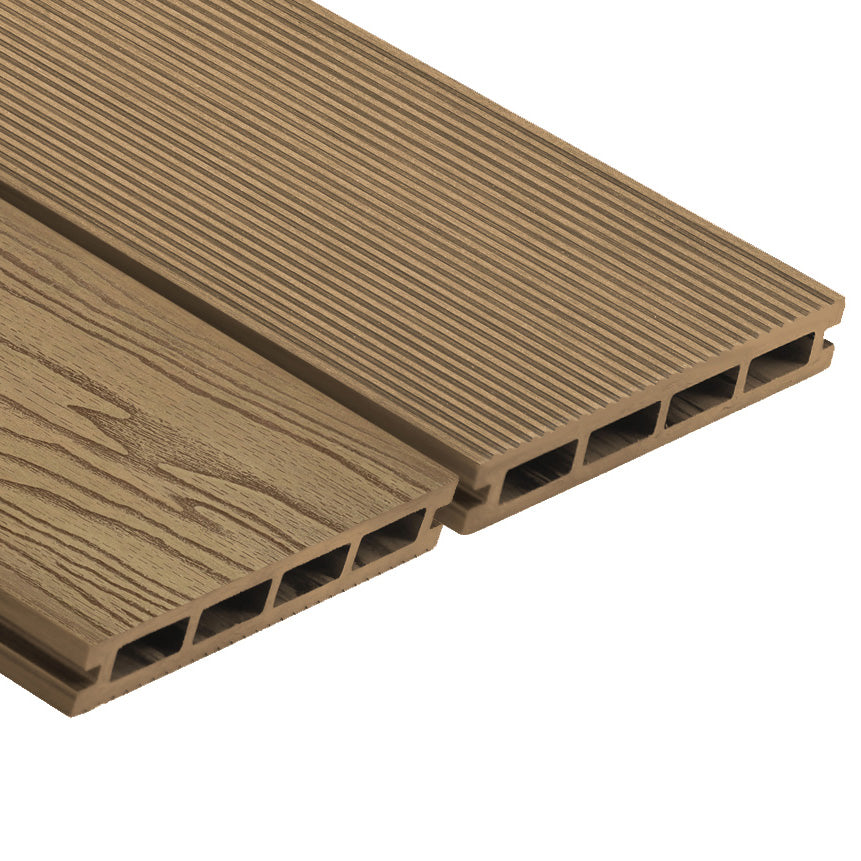 A modern composite decking board in oak with wood-like appearance. 