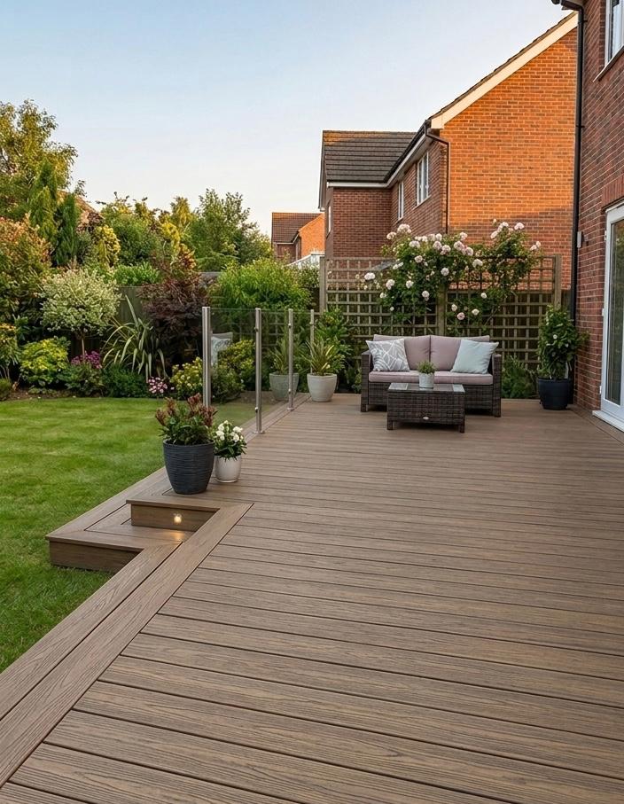 Oak composite deck with outdoor furniture and garden area in a residential setting.