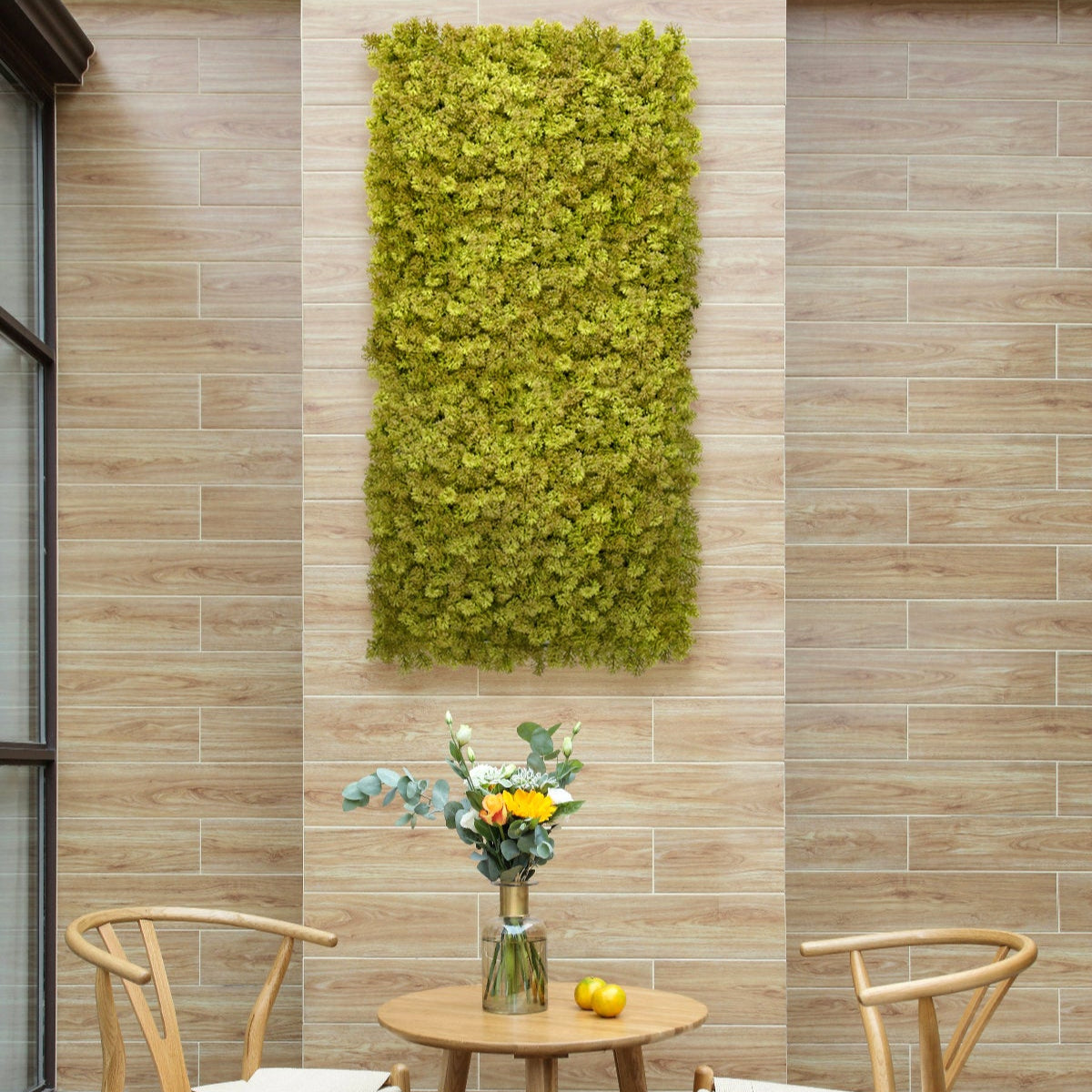 Artificial green wall panels Olive Moss style installed outdoor garden
