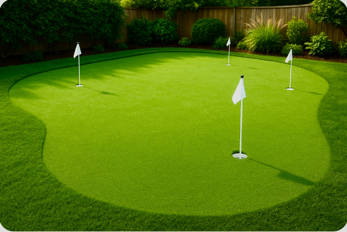 Golf putting green with white flags in a backyard setting