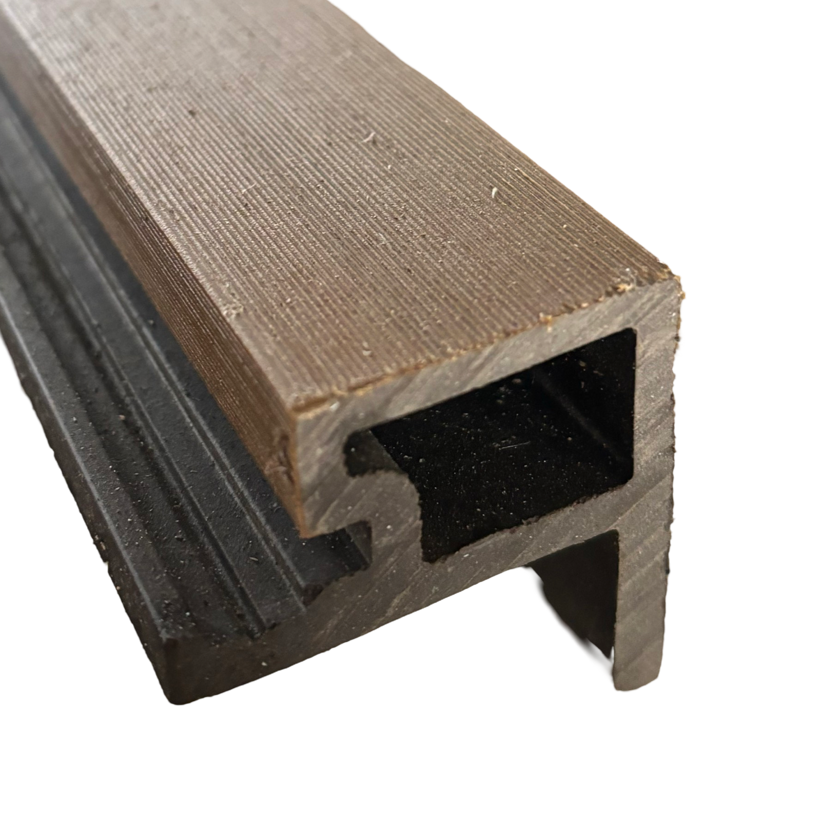 A cedar end profile picture of slatted composite cladding end trim