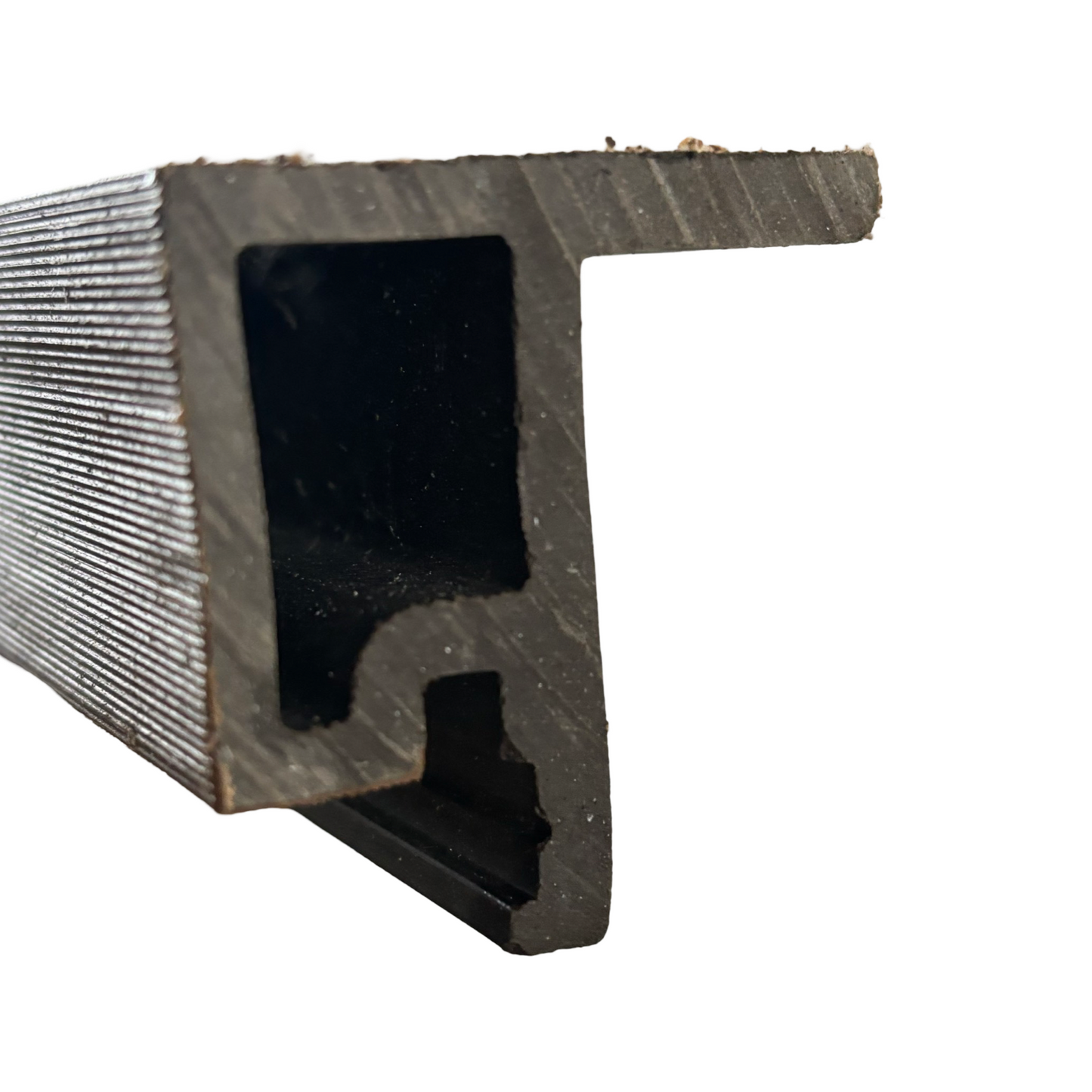 A start or end trim in charcoal for use with slatted composite cladding.