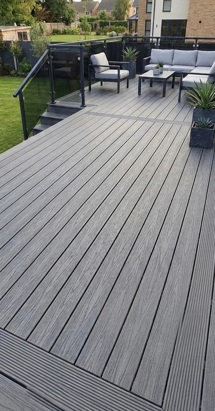 Grey composite deck with outdoor furniture and greenery.
