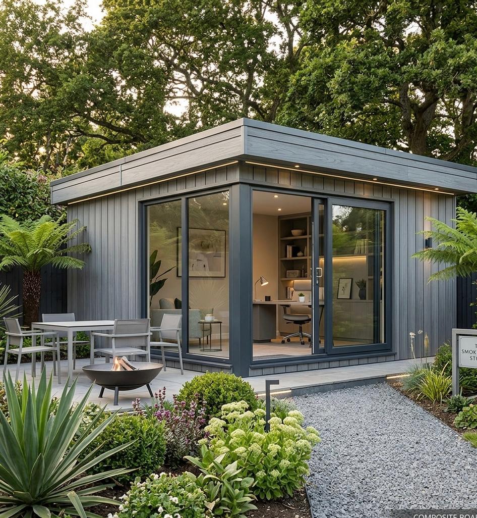 Modern garden office with large glass doors and outdoor seating area.