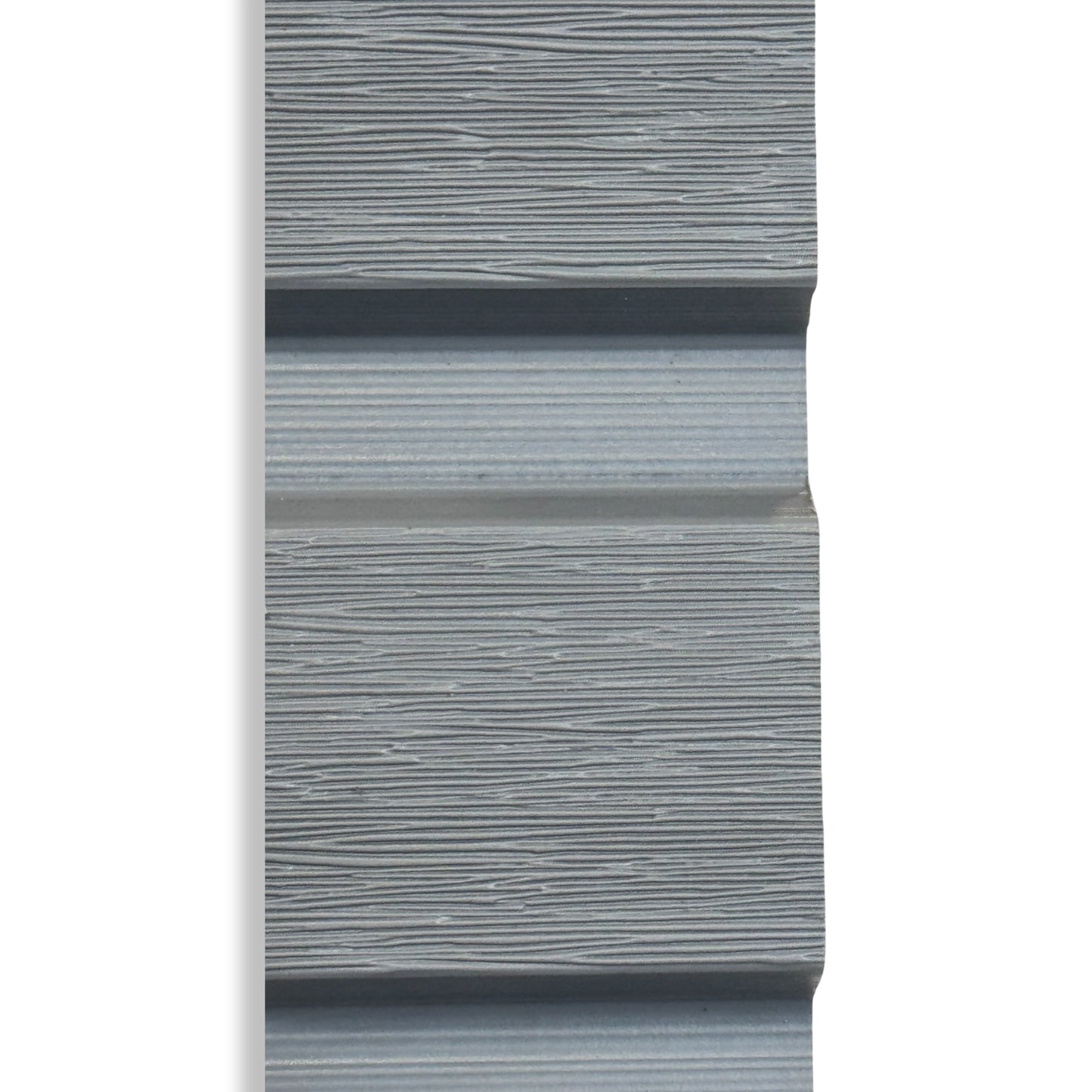 A close up picture of steel grey composite slat or Venetian fencing board showing the grain in detail.