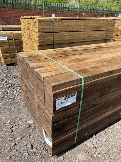 A selection of brown treated wooden fencing and decking timber at The Grass Yard Paisley.