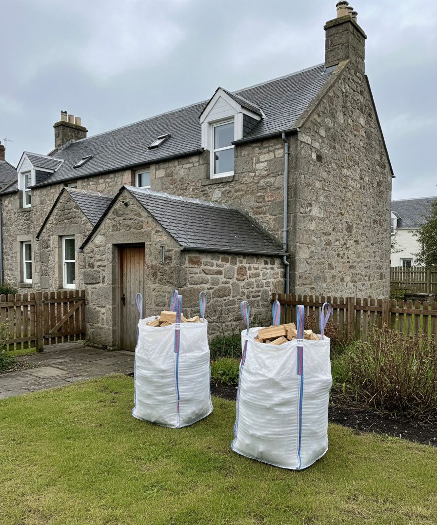 Two large white bags of kiln fried firewood with handles in front of a stone house on a grassy area.
