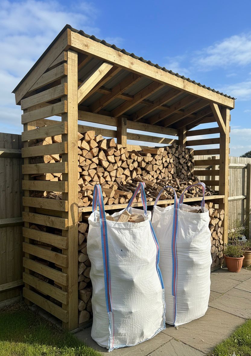 Wooden shed with stacked firewood and large bags of birch firewood outdoors.