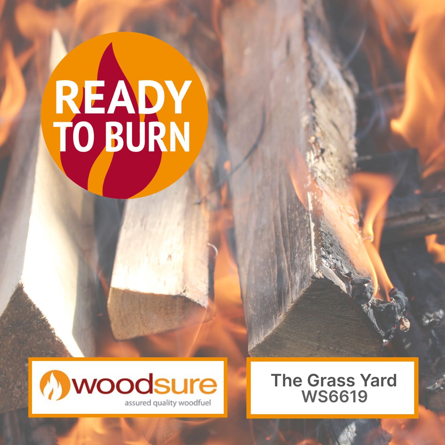 A small pile of burning oak with the Woodsure ready to burn logos with The Grass Yards registration number.