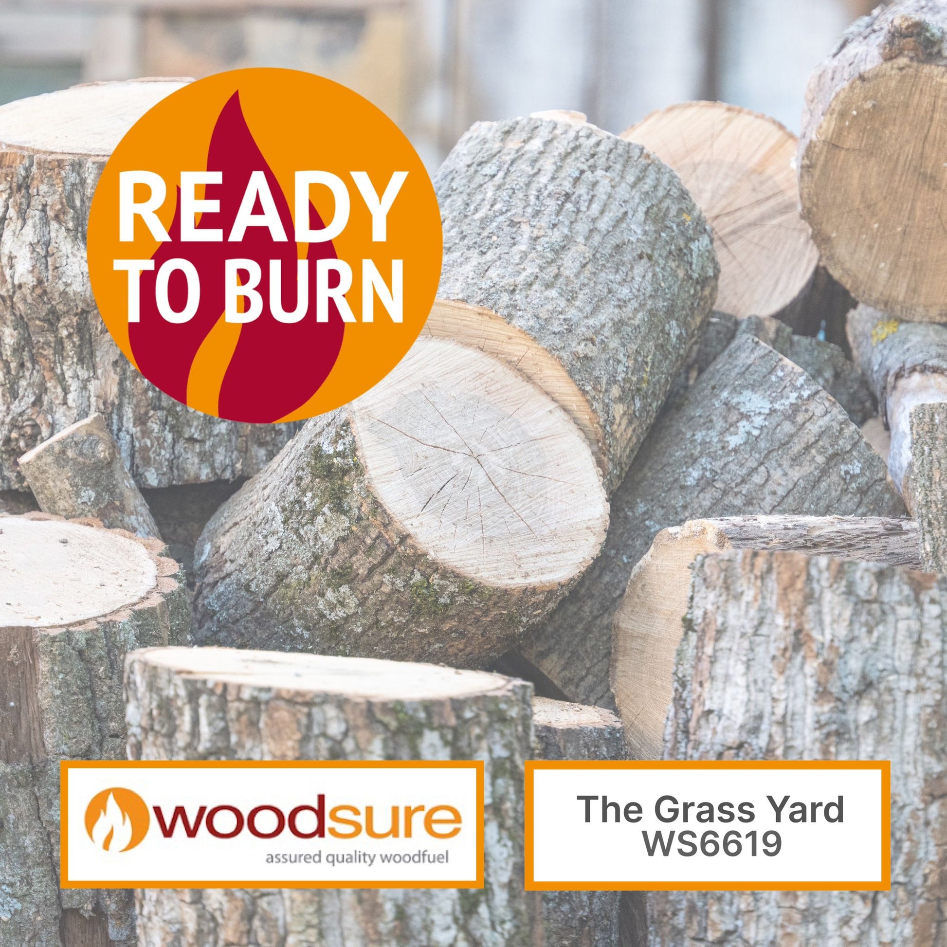 Oak firewood stacked up with the ready to burn woodsure and The Grass Yard logos.