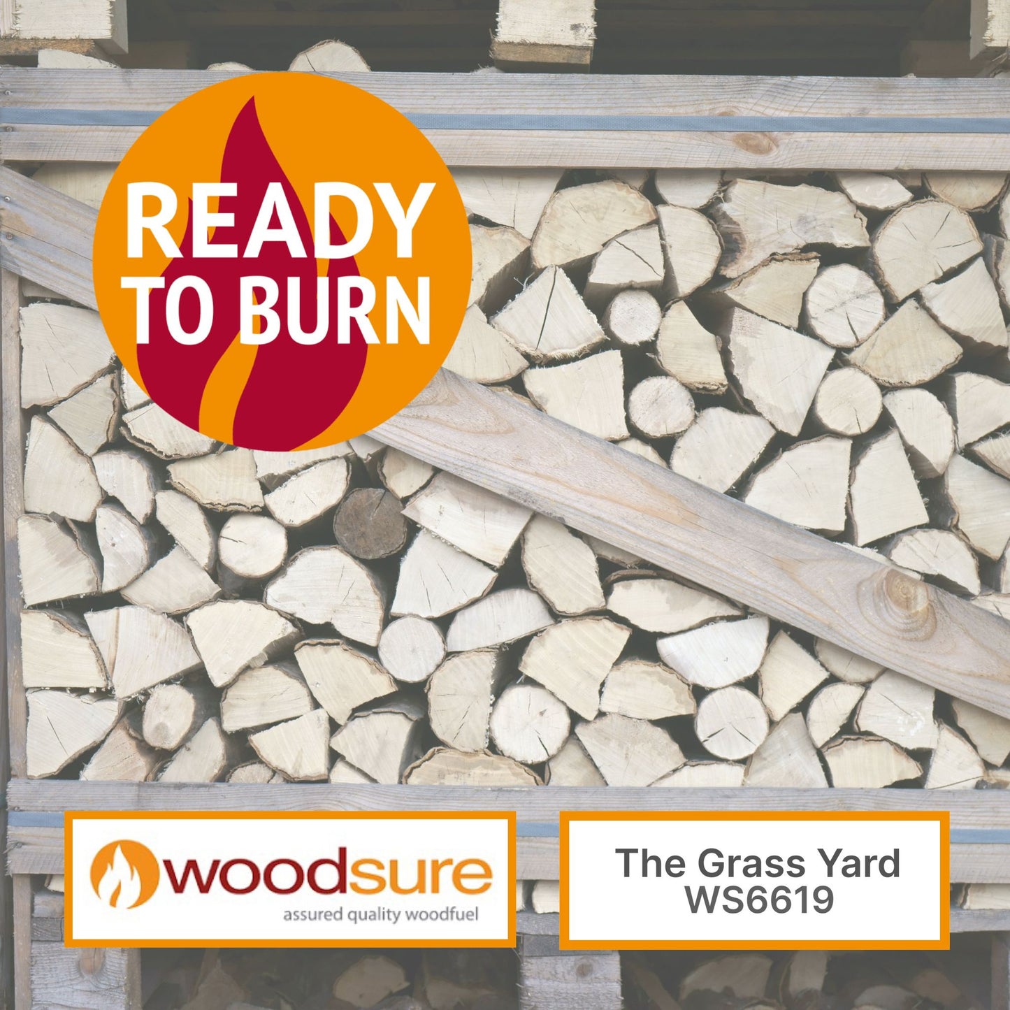 A crate of silver Birch kiln dried firewood logs showing the Ready To Burn Logo and Grass Yard Accreditation number WS6619.