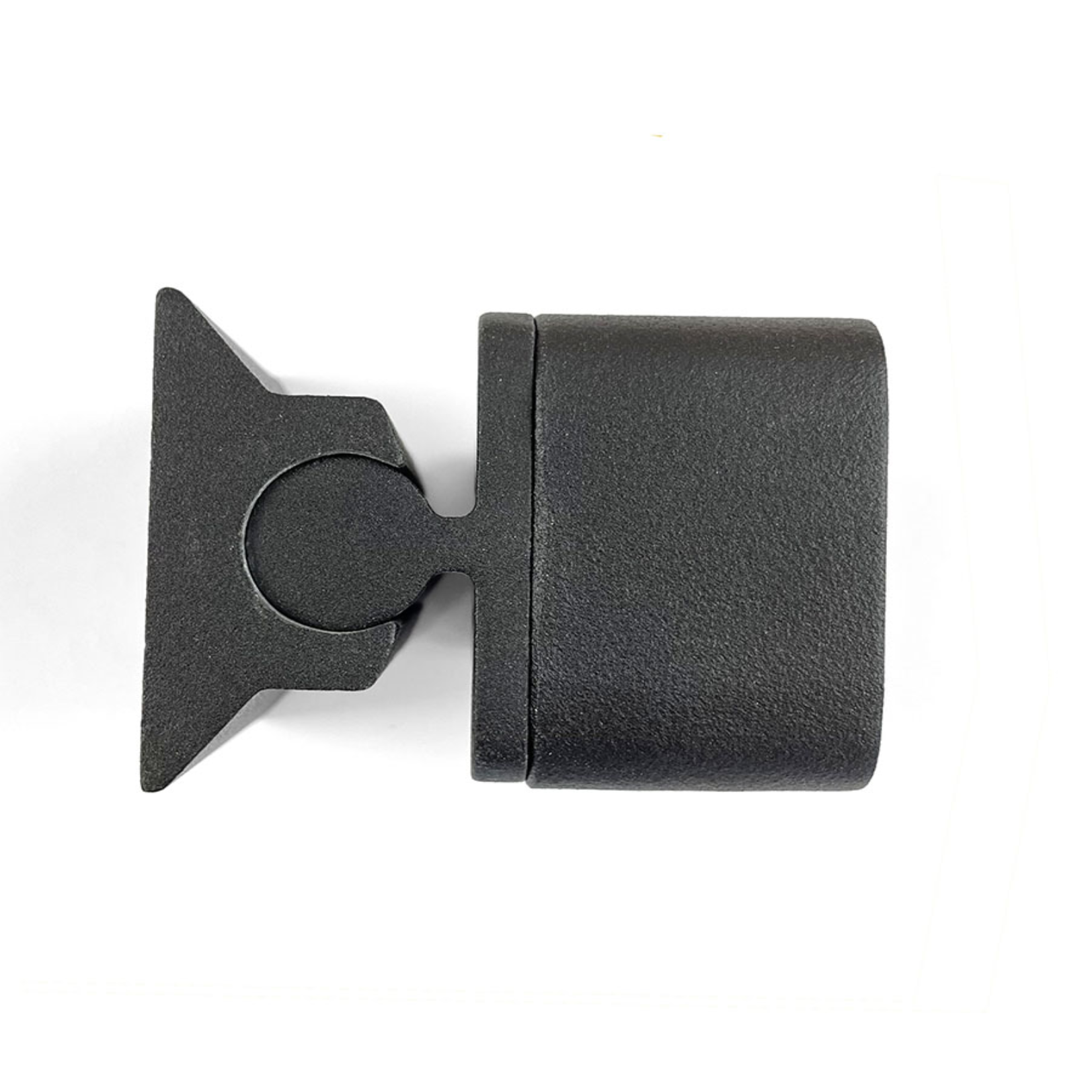 Black aluminium swivel bracket pictured from above on a white back ground.