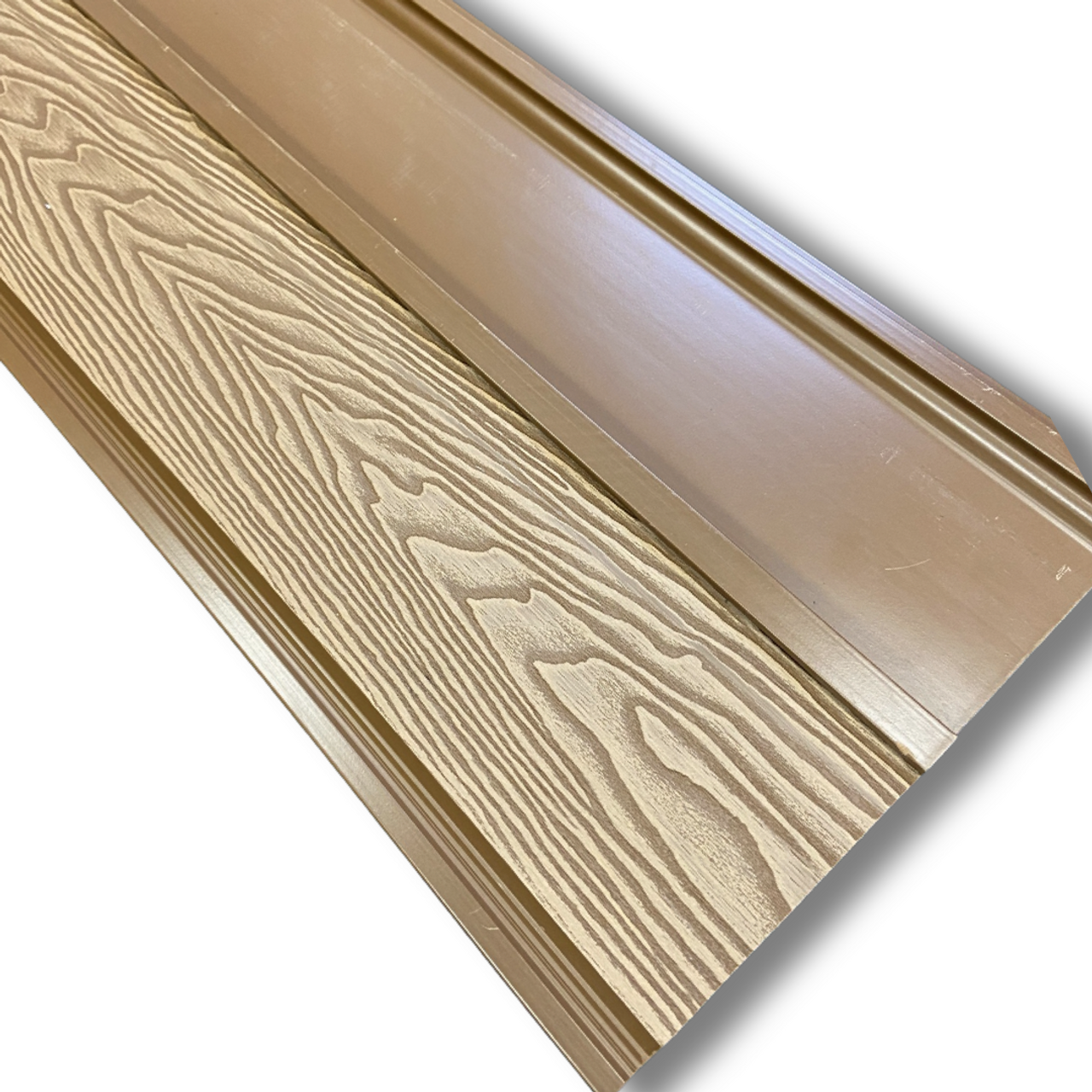 The front and reverse sides of a light oak wood grain composite cladding board 3.6m long.