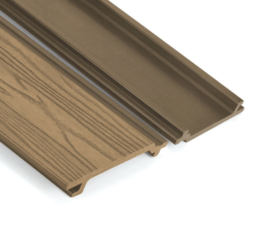 a light brown composite shplap cladding board on a white background.