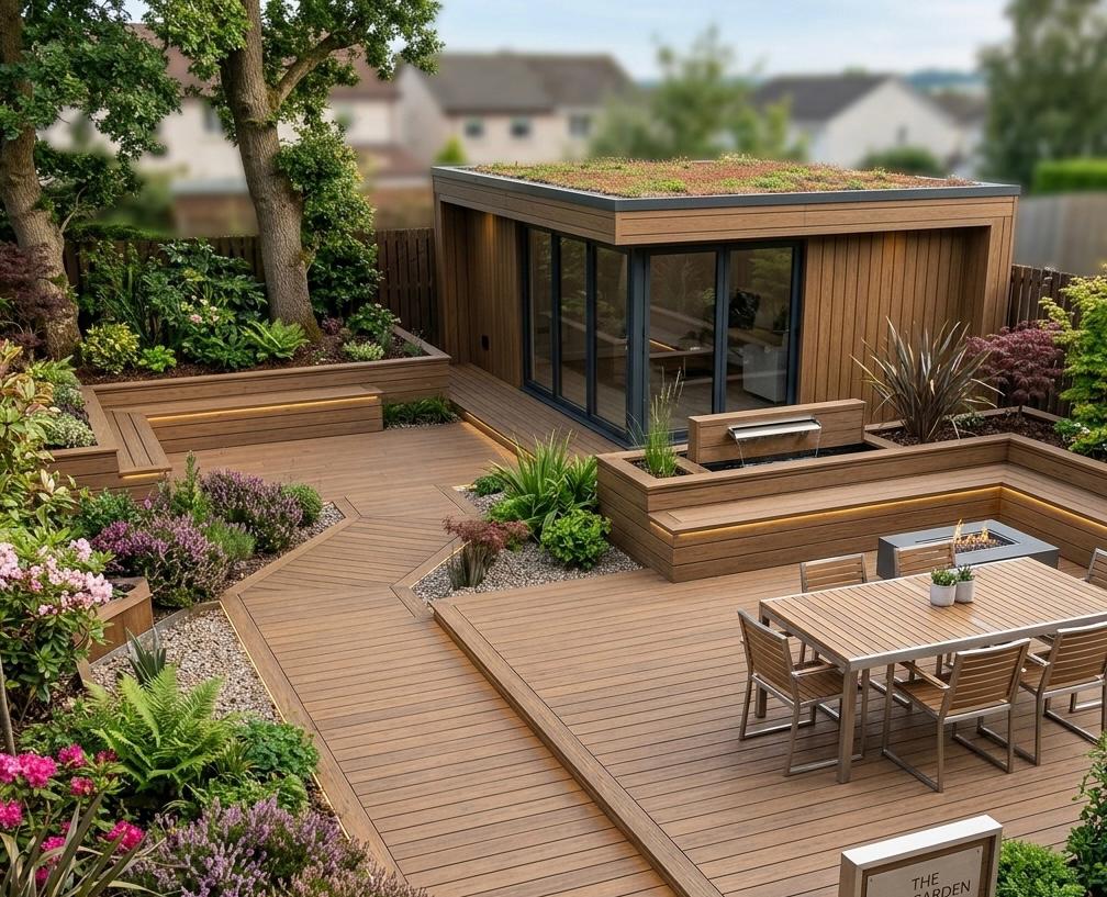 Modern garden with wooden deck, outdoor seating area, and green roofed building.