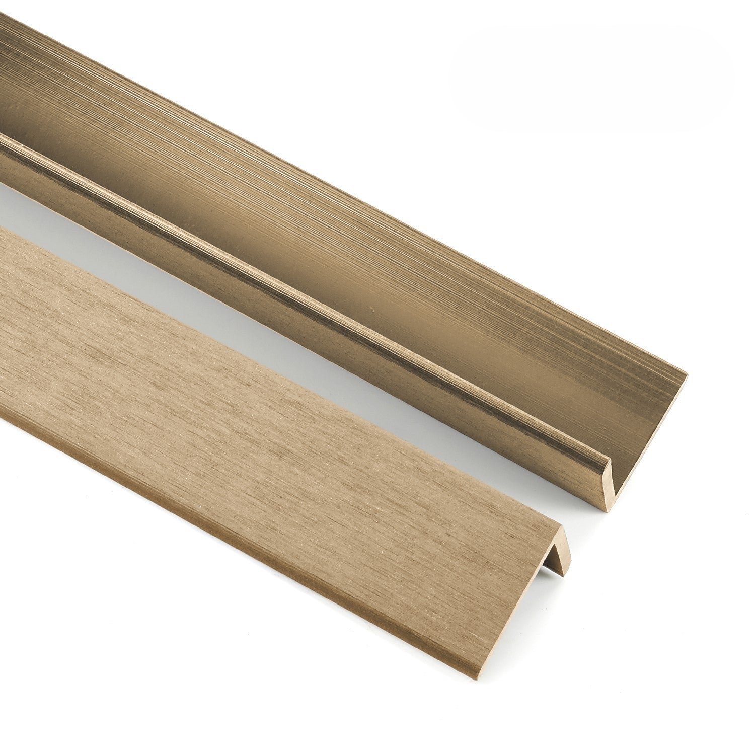 Two oak composite edging trims set against a white back ground.
