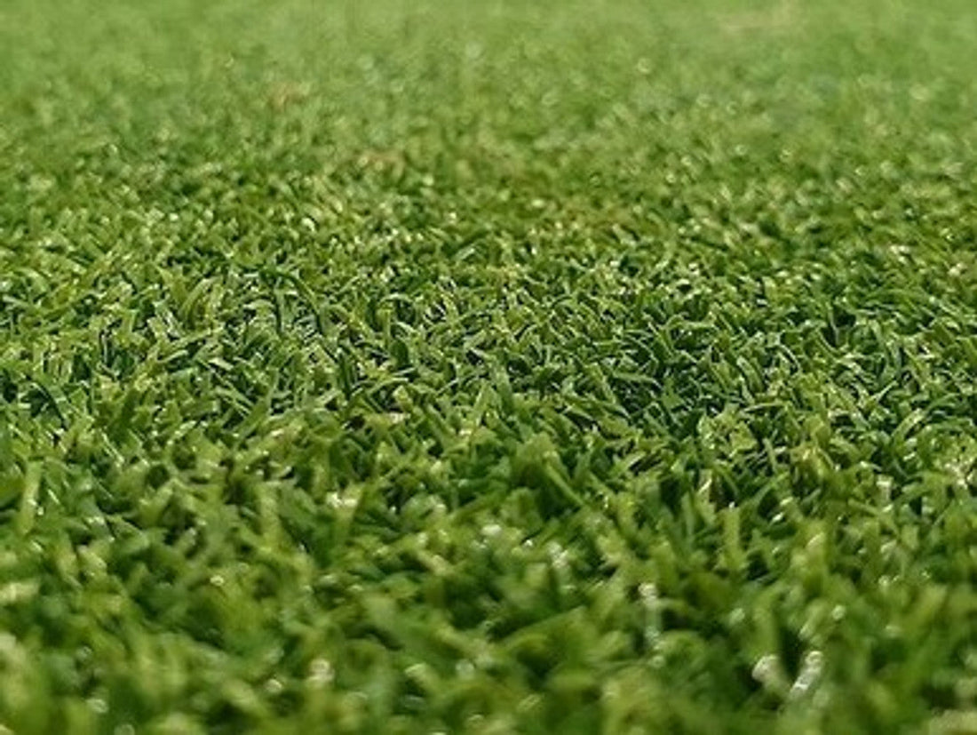 Close-up view of artificial green grass designed for golf putting practice.