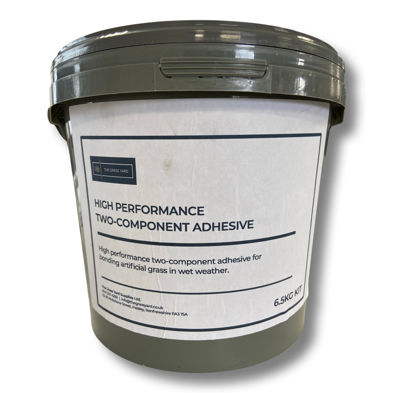 A grey 6.5kg tub of artificial grass adhesive from The Grass Yard.