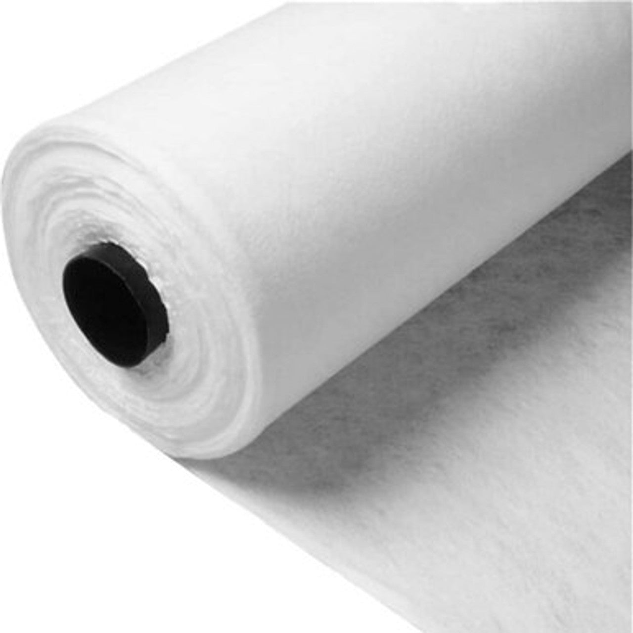 An end profile picture of a roll of non woven white artificial grass membrane.