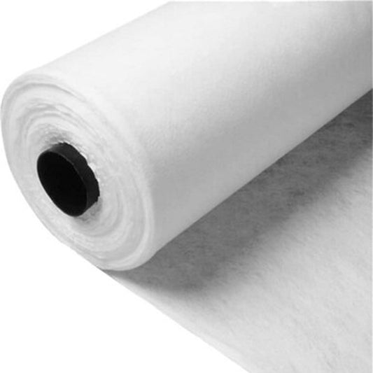 An end profile picture of a roll of non woven white artificial grass membrane.