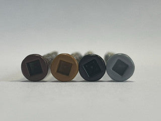 Stainless steel colour headed composite  cladding screws on a white back ground.