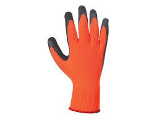 A red and black builders glove used for landscaping projects such as artificial grass, composite decking and fencing installations.