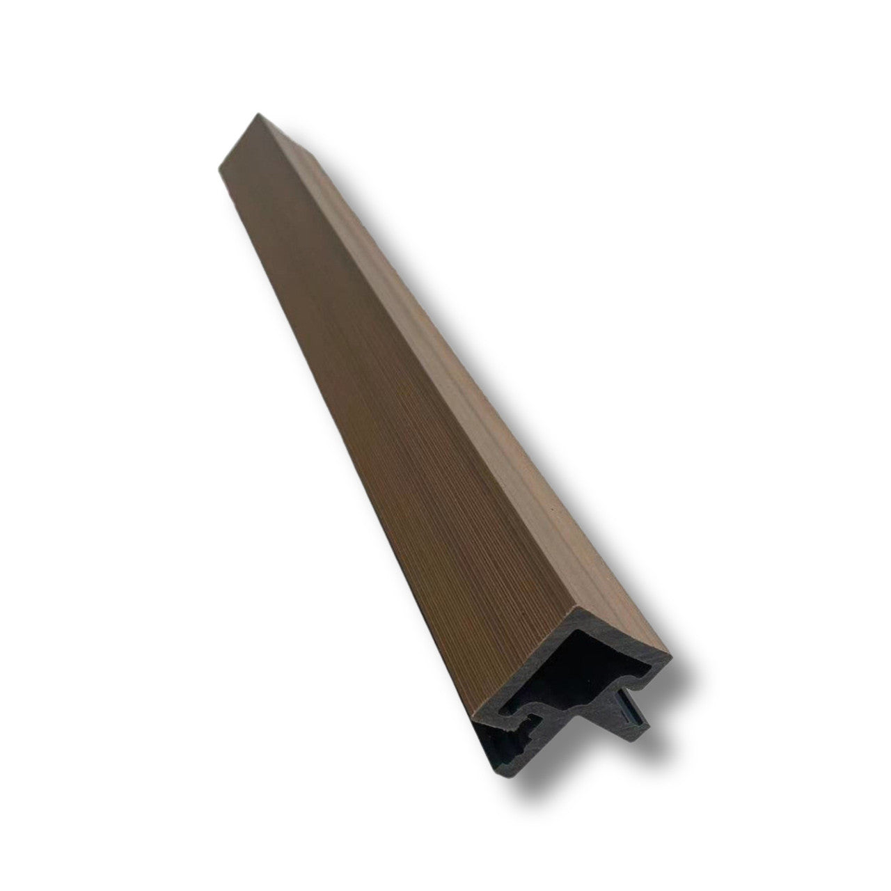 A brown seamless corner trim for slatted composite cladding.